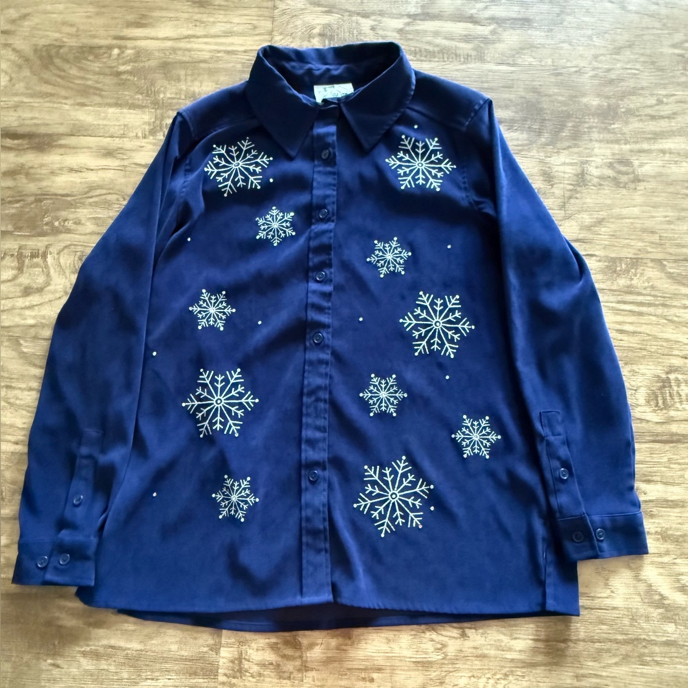 Quacker Factory Faux Suede Button Up Shirt Snowflake Embellished Blue Womens LG